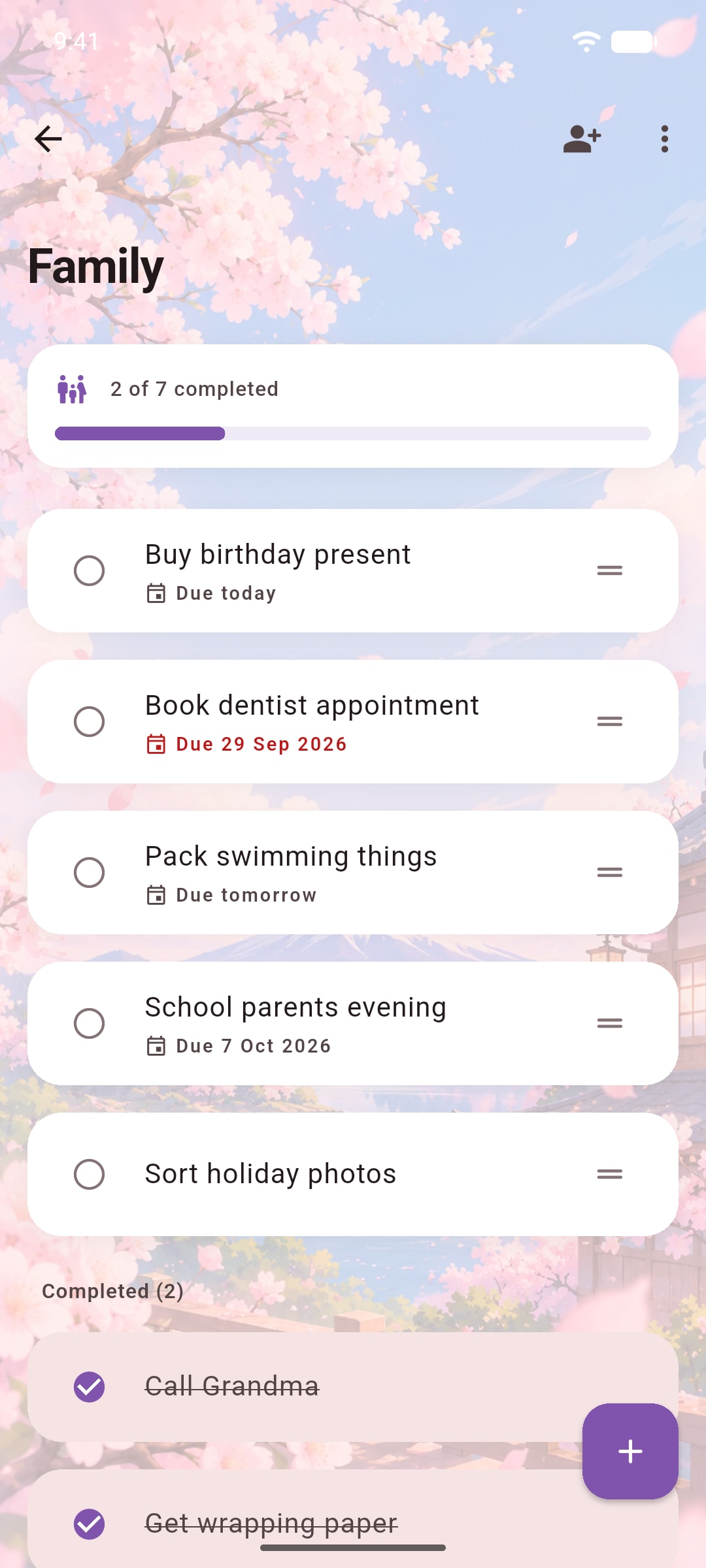 The Family list in Ready's Japan theme, with cherry blossom artwork.