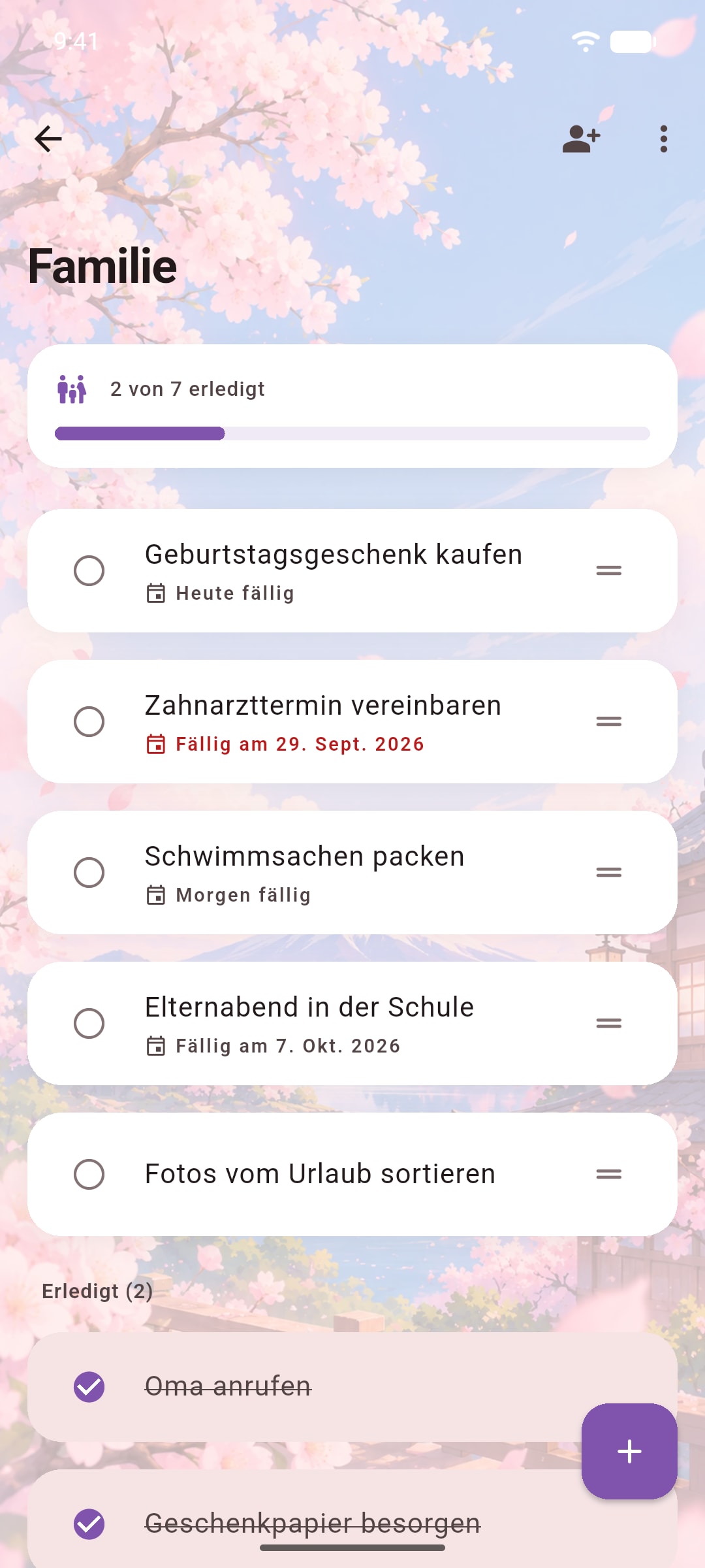 Die Liste „Familie“ im Design „Japan“ von Ready, mit Kirschblüten.
