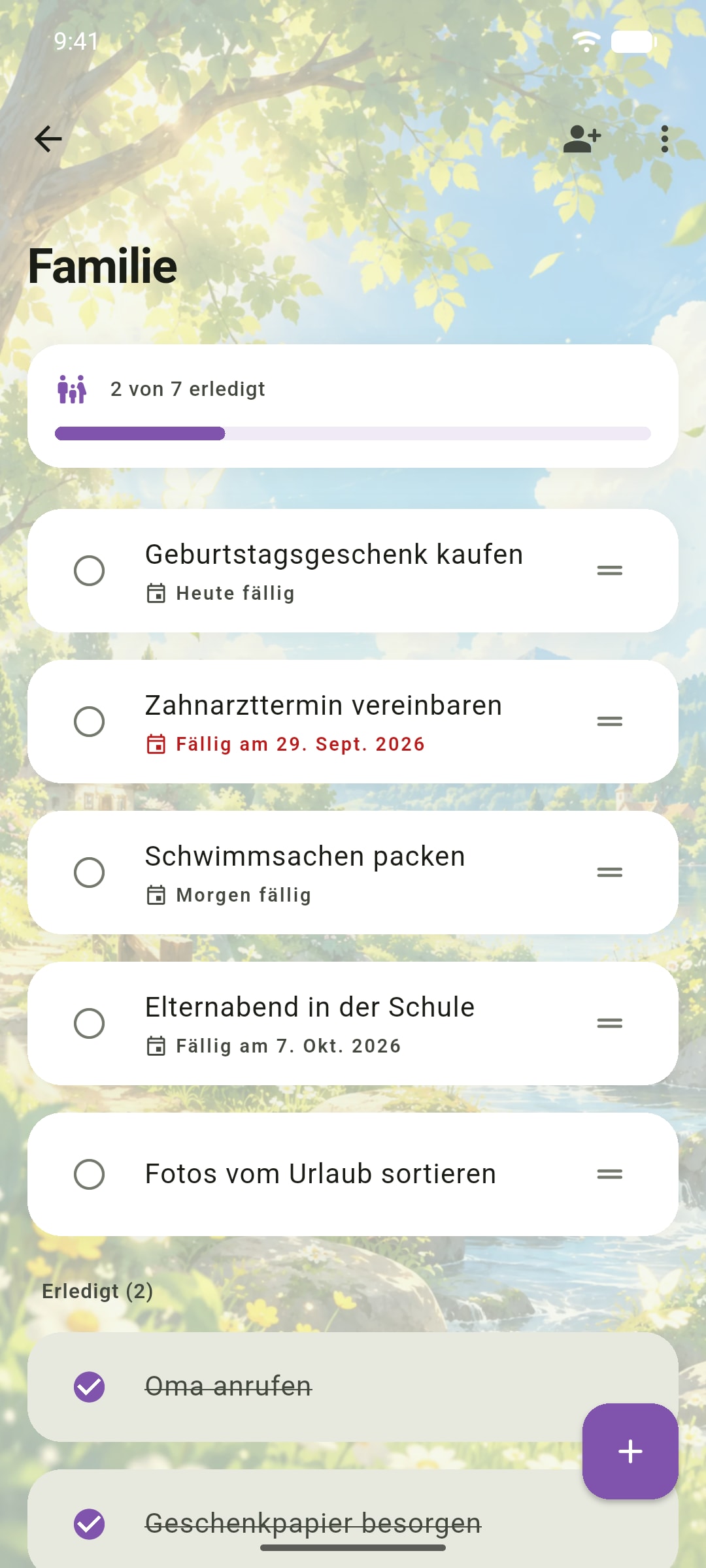 Die Liste „Familie“ im Design „Nature“ von Ready.