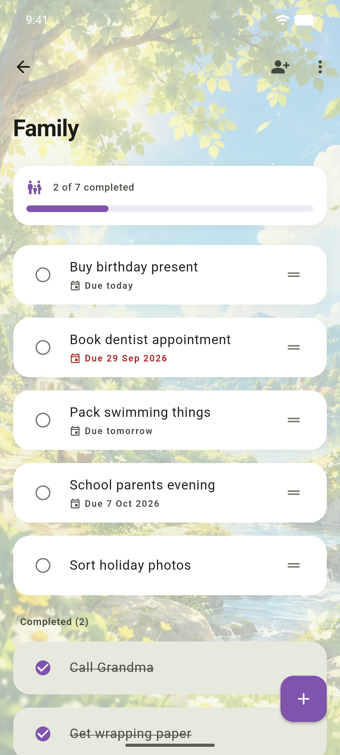 The Family list in Ready's Nature theme.