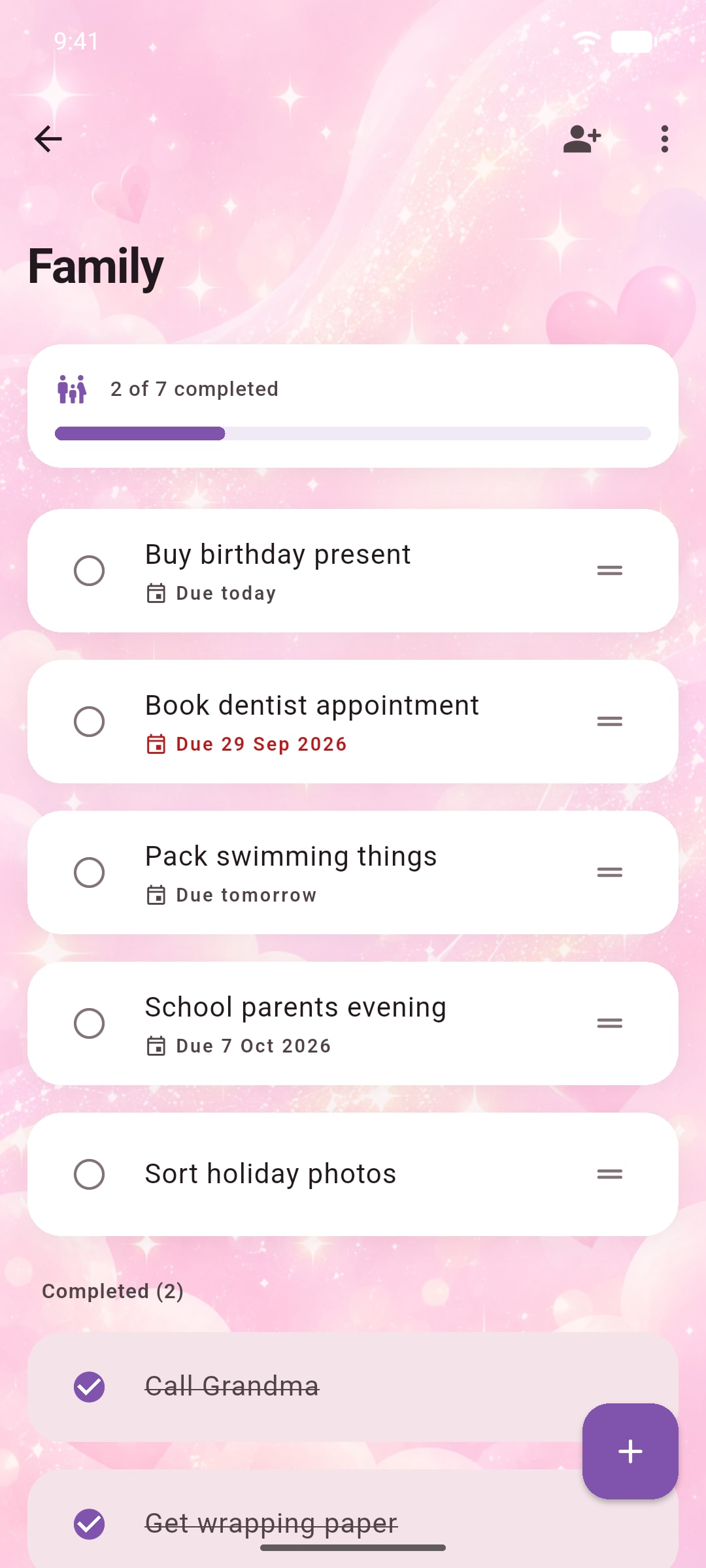 The Family list in Ready's Pink Glitter theme.