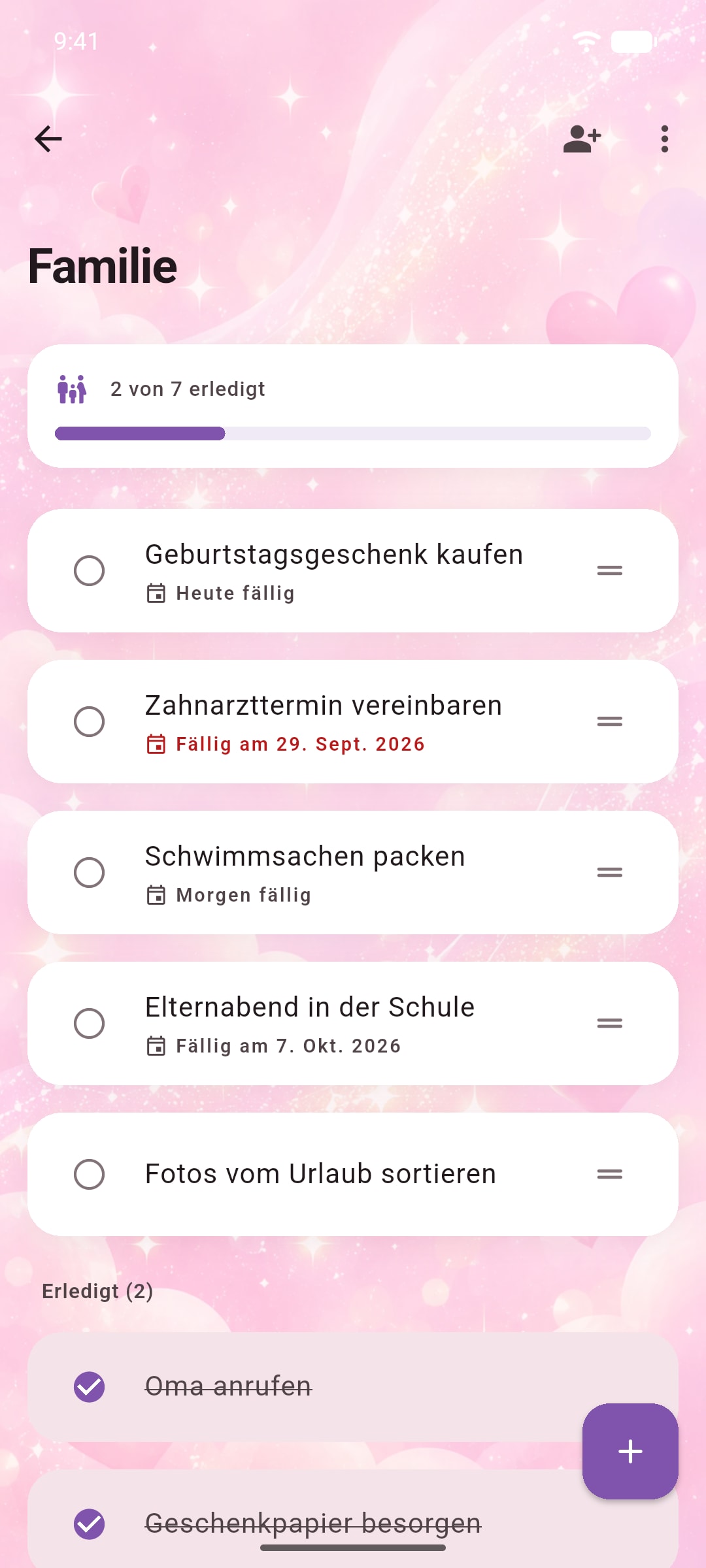 Die Liste „Familie“ im Design „Pink Glitter“ von Ready.