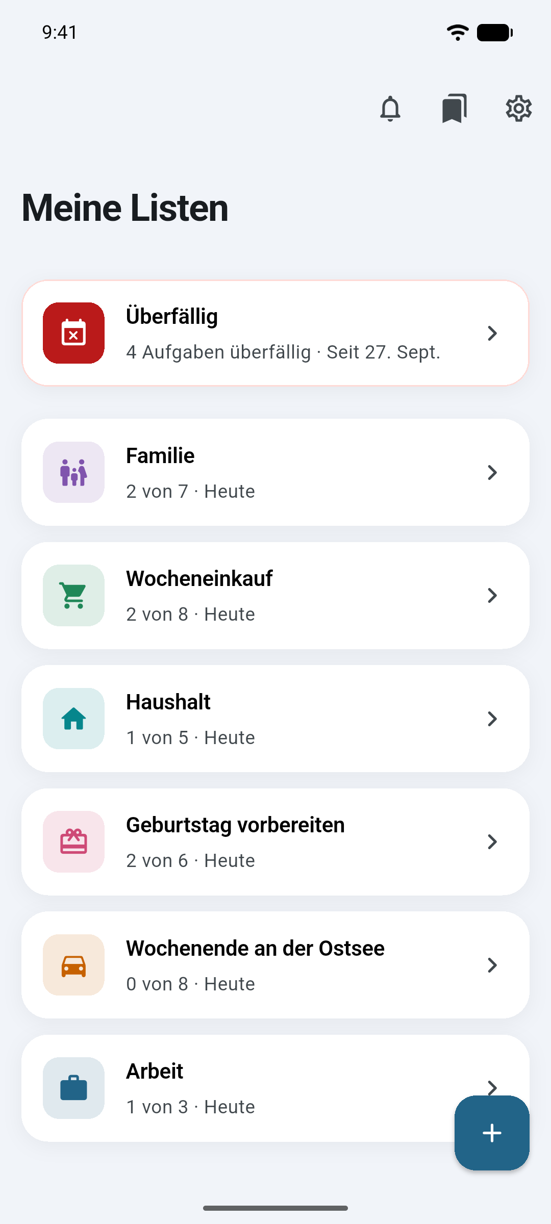 Die Startseite von Ready mit den Listen einer Familie, etwa für Familie, Wocheneinkauf, Haushalt und Geburtstagsfeier.