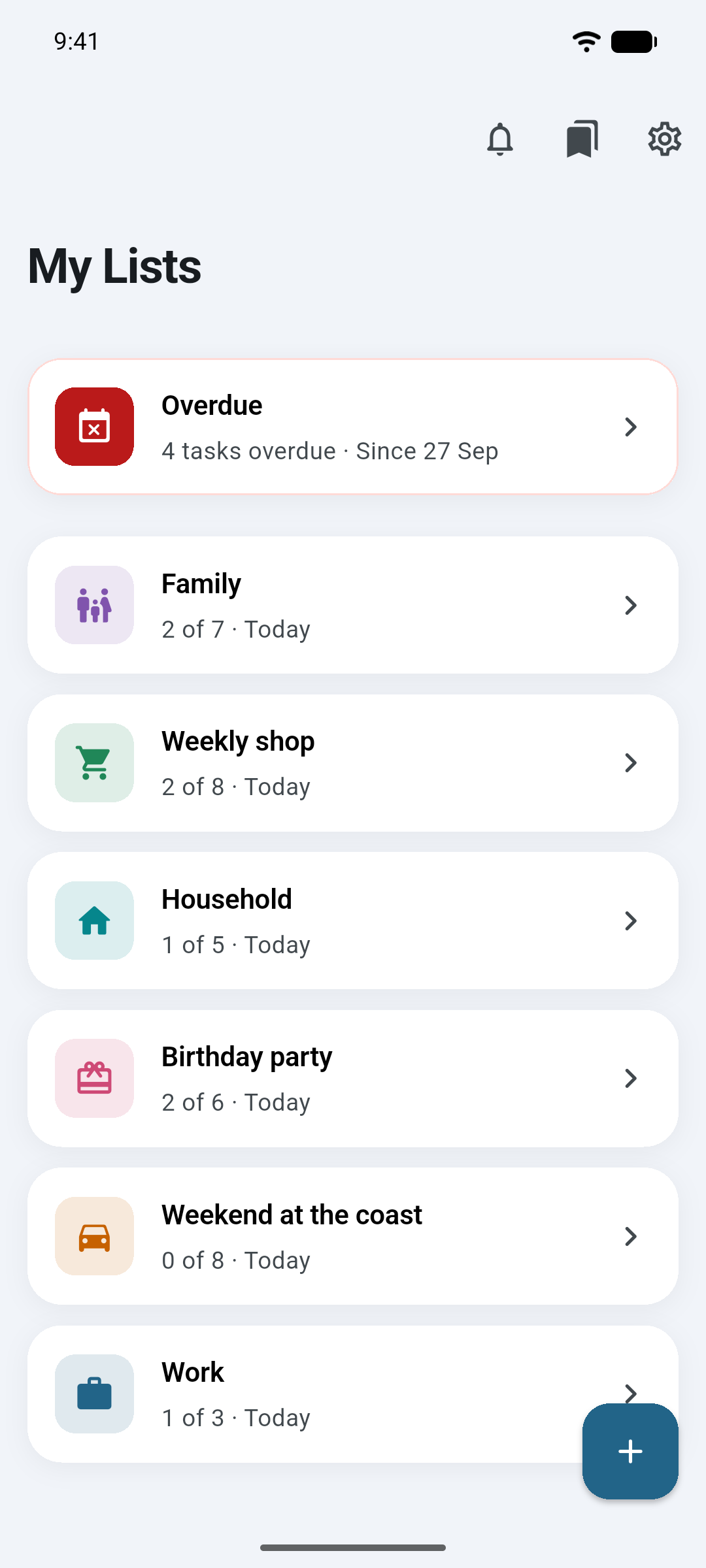 Ready's home screen with its lists: Family, Weekly shop, Household, Birthday party and more.