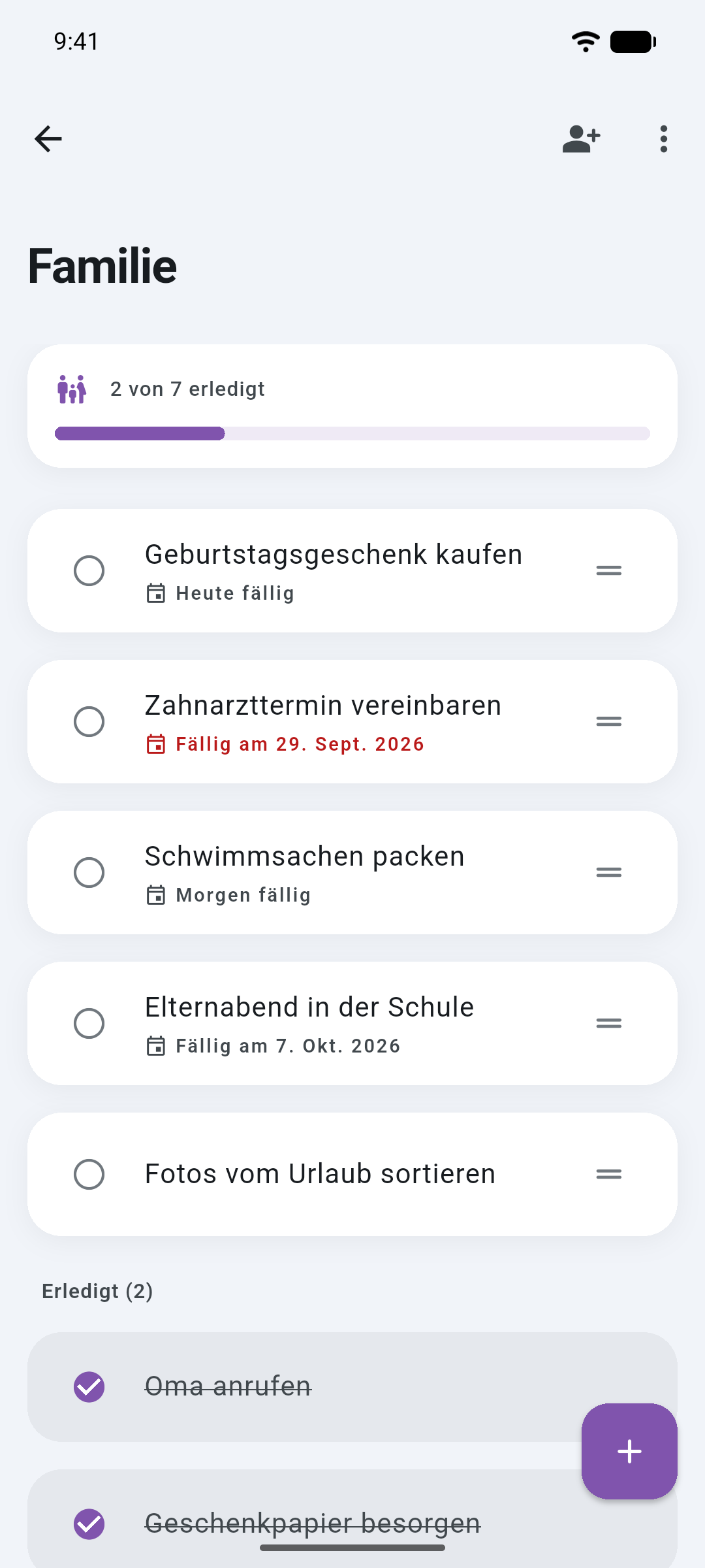 Die Liste „Familie“ in Ready: Aufgaben mit Fälligkeit, zwei von sieben erledigt.
