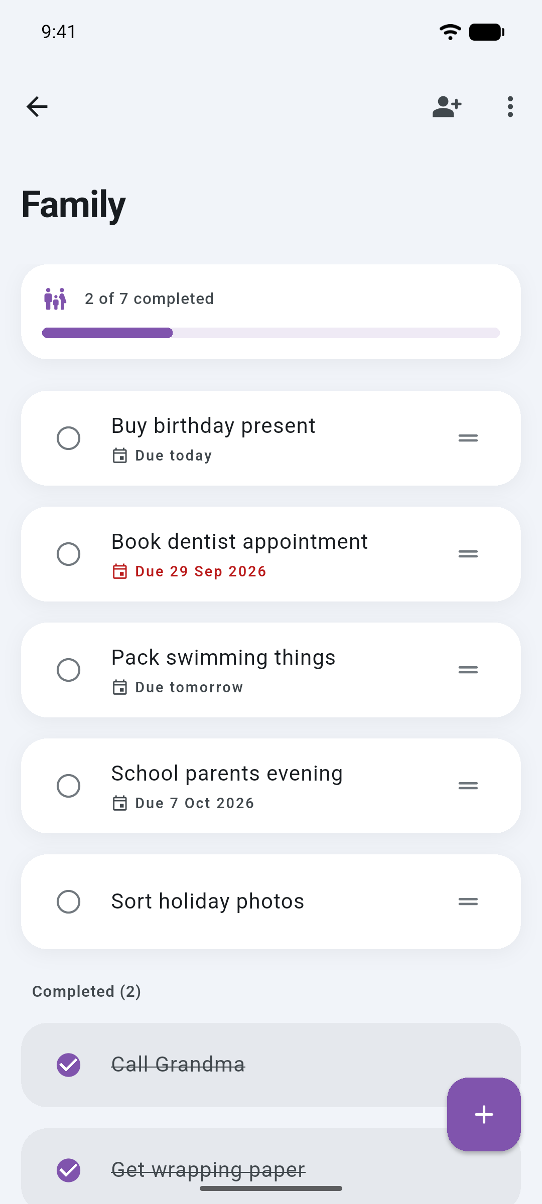 The Family list in Ready: tasks with due dates, two of seven completed.