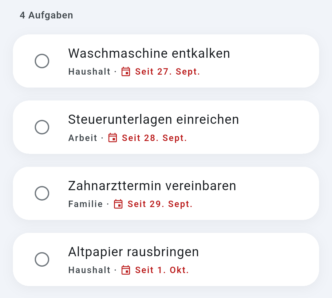 Die Ansicht „Überfällig“ in Ready: vier überfällige Aufgaben, gesammelt aus den Listen Haushalt, Arbeit und Familie.