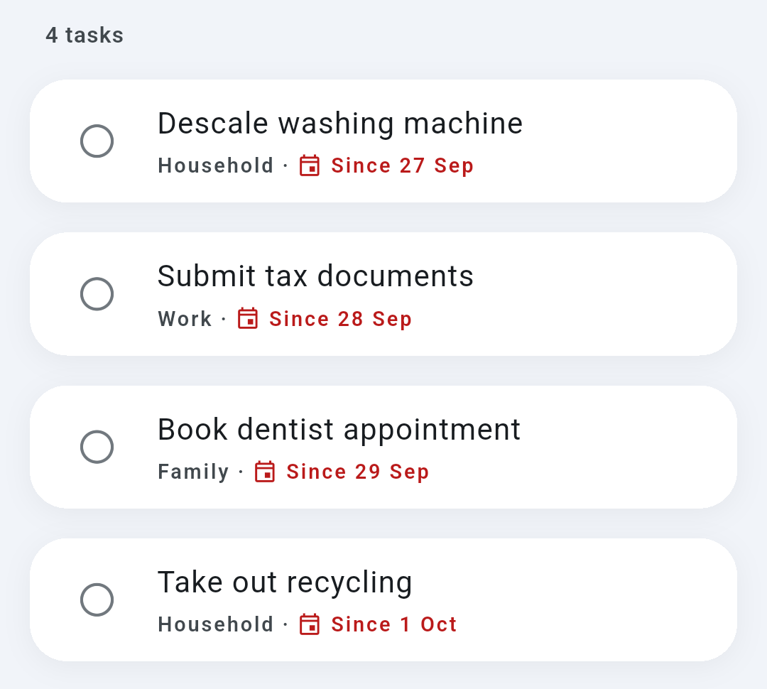 Ready's Overdue view: four late tasks collected from the Household, Work and Family lists.