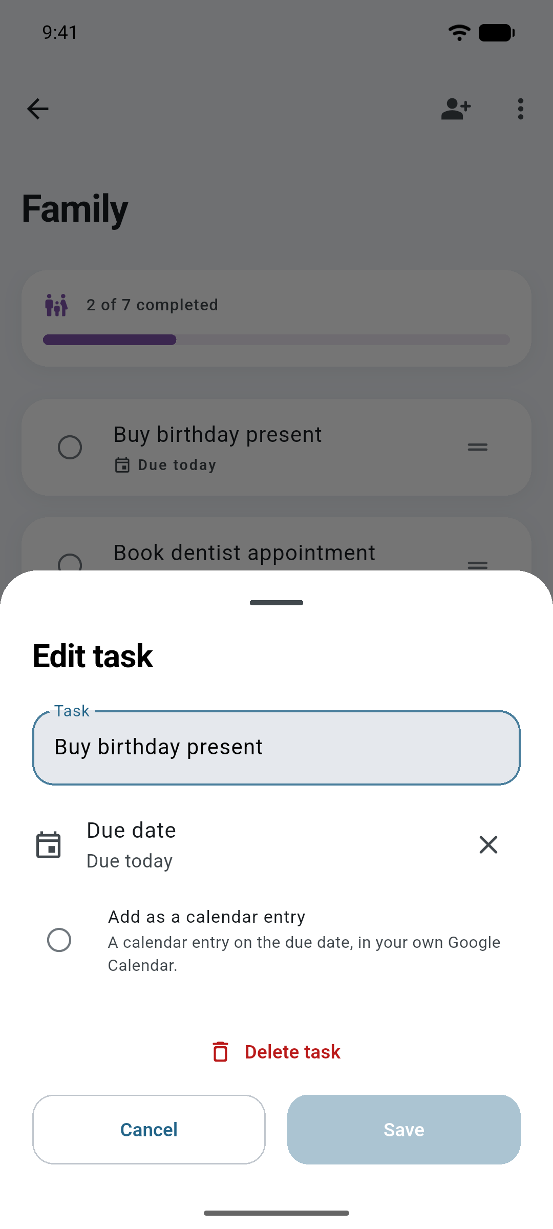 Editing a task in Ready: a due date of today and the option to add it as a calendar entry.