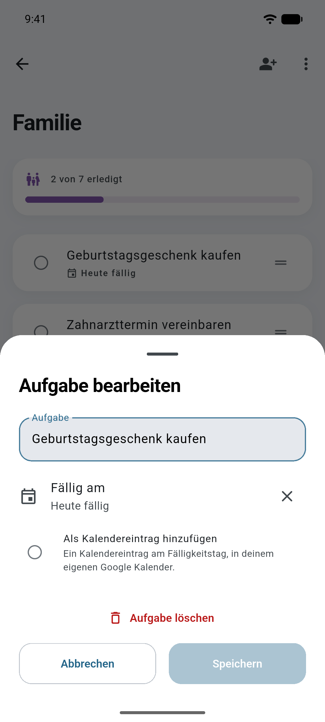 Eine Aufgabe in Ready bearbeiten: fällig heute, mit der Option, sie als Kalendereintrag hinzuzufügen.