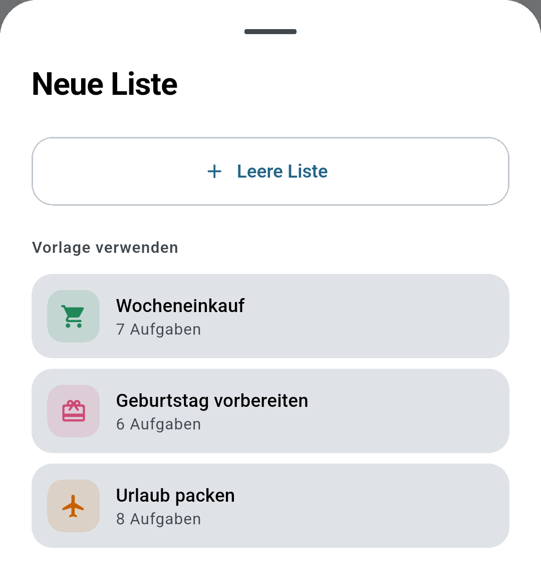 Der Dialog „Neue Liste“ in Ready: eine leere Liste oder die Vorlagen Wocheneinkauf, Geburtstag vorbereiten und Urlaub packen.