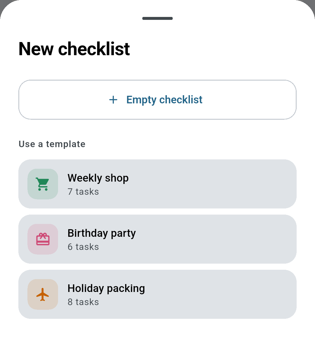 Ready's New checklist sheet offering an empty checklist or the templates Weekly shop, Birthday party and Holiday packing.