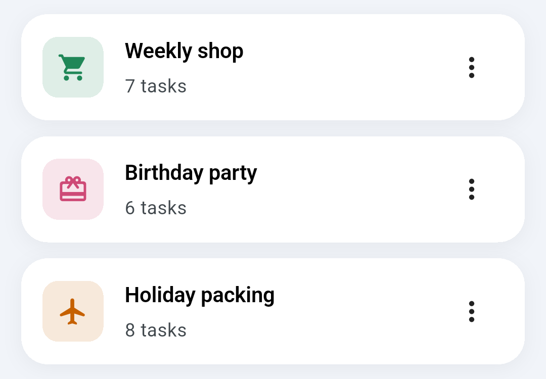 Ready's Templates screen listing Weekly shop with 7 tasks, Birthday party with 6 and Holiday packing with 8.