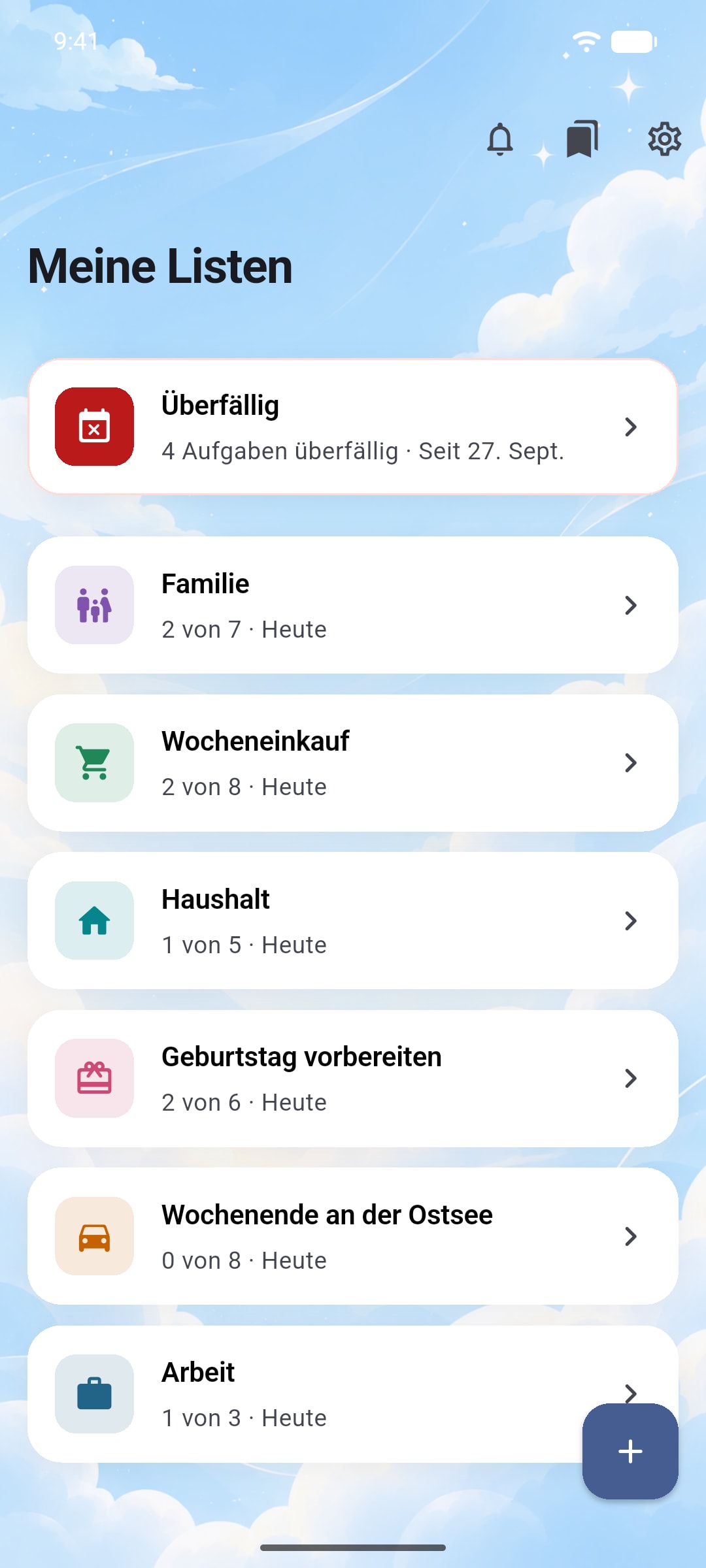 Die Listenübersicht von Ready im Design „Blue“, mit den Listen einer Familie.