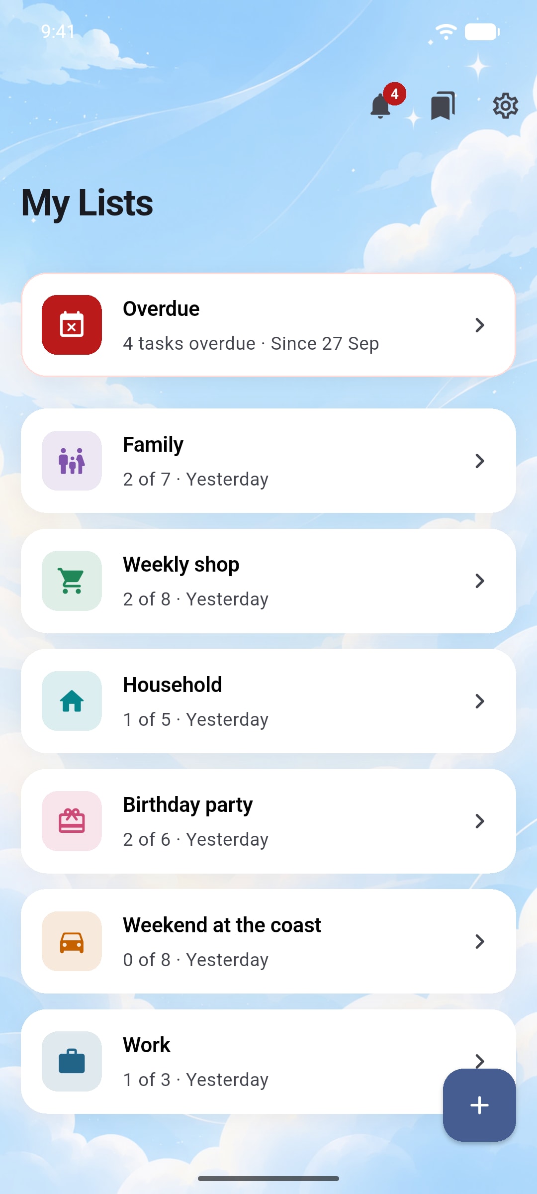 Ready's list overview with a notification badge showing four updates.